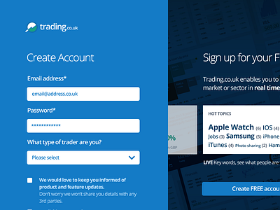 Create Account blue form interface signup