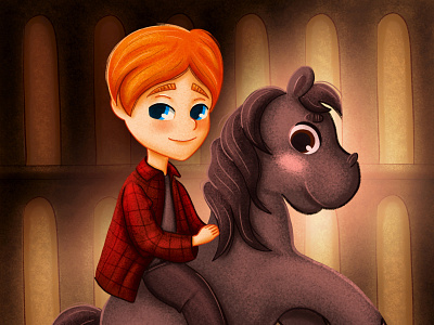 boy sitting on a horse animal art book book illustration boy cartoon character character design children cute digital art drawing harry potter horse illustration kids photoshop picture procreate ron weasley