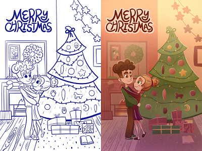 Couple in love celebrating christmas 2d art book boy cartoon character christmas colorful coloring cute design digital digital art drawing girl illustration journal lettering postcard print