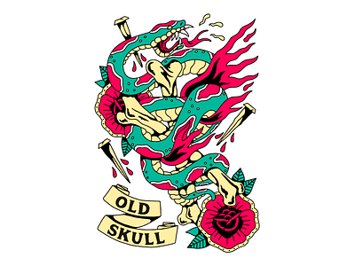 Serpent - Old Skull Inc. apparel bones clothing illustration merch oldschool print roses serpent snake tattoo traditional tattoo