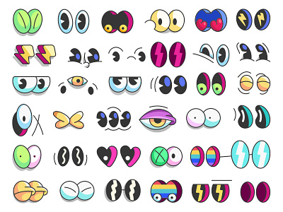 2d Cartoon Eyes Collection Pack, Character Design 2d animation avatar bundle cartoon cartoon character character character design clean design digital drawing element graphic design illustration motion graphics nft pack traits vector