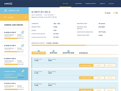 Load X Transportation bidding dashboard tracking transport