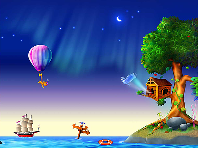Illustration art balloon bird blue sky fantasy world illustration island moon nest sea ship tree