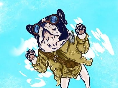 Parachute bulldog digital dog french illustration