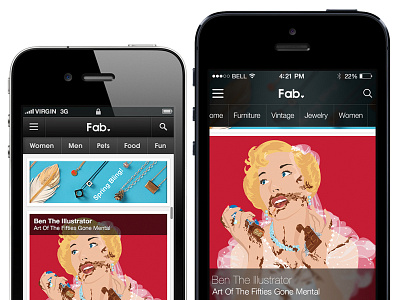 Fab.com App Redesigned For iOS 7 app ecommerce fab flat ui font homepage ios7 iphone subnav topbar translucent