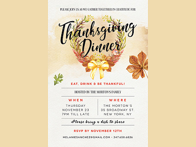 Thanksgiving Dinner Invitation autumn brown dinner flyer graphic handwriting invitation thanksgiving