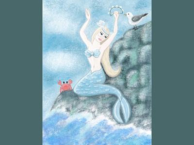 Shell Tambourine crab fairytale fantasy illustration illustrator mermaid music ocean procreate retro retrosupplyco seagull tambourine wave
