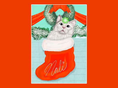 Nali in a Stocking bow cat cats christmas holiday illustration illustrator pets procreate stocking wreath