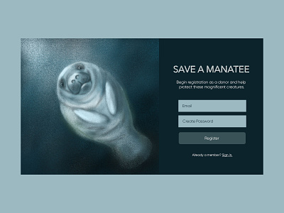 Save a Manatee - Daily UI 001 daily ui 001 dailyui donations endangered species illustration login manatee photoshop procreate