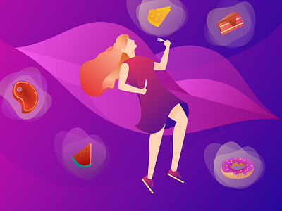 Food Enthusiast biscuit cake character cheese donuts doughnut eat flat design flat illustration floating food foodie girl gourmand illustration lips meat steak watermelon woman