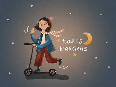 Nakts brauciens girl illustration moon night scooter