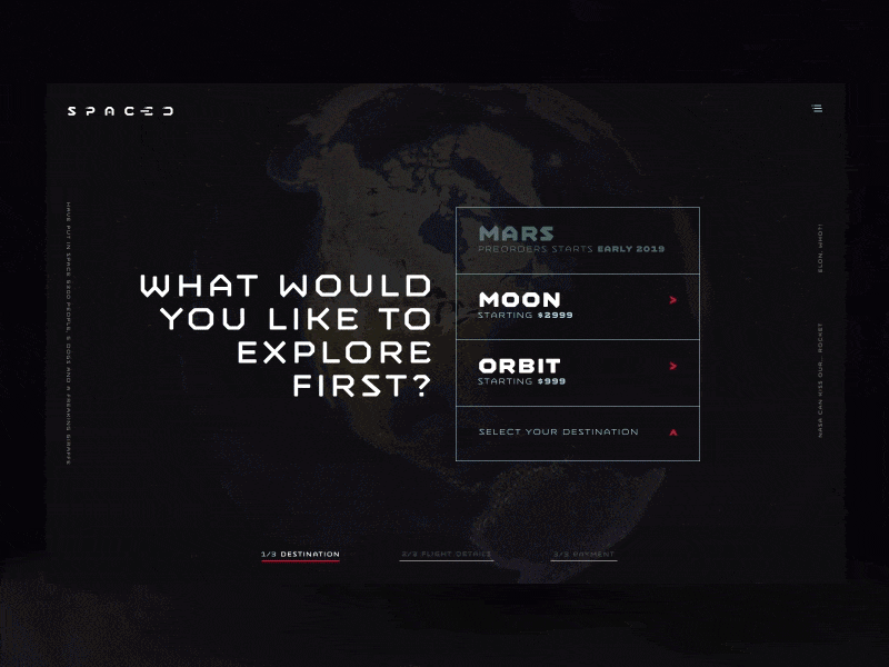 S P A C E D - Part 1 animation booking principle prototype sci fi spaced spacedchallenge travel ui ux web wip