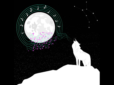 Wolf`s moon black flowers illustration moon night sakura snow spring stars white winter wolf