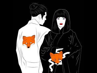 Kitsune black fox japan japanese kimono kitsune love night orange white