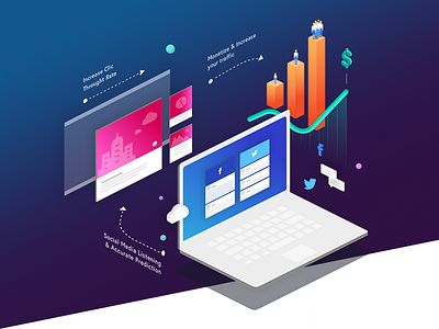 Social Isometric Illustration brand identity creativity design flat gradient header heroimage illustration isometric social vector website