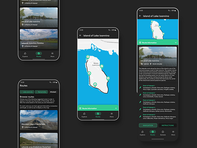 Birding application - Route Planner | UI Design android application birding darkmode design desing education explore greece illustration maps mobile navigation path planner route trip ui ux