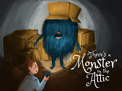 Illustrated Monster Book Cover attic book boxes boy character cover dark drawing flashlight illustration monster night