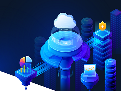 Isometric Cloud City 2.5d analysis blue city cloud data digital futuristic illustraion isometric security service technical