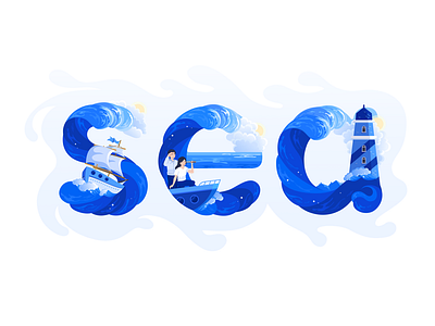 Sea Text with Illustration alphabet blue cloud decorative decorative alphabet letter illustration lighthouse sailing sailor scenery sea ship text wave