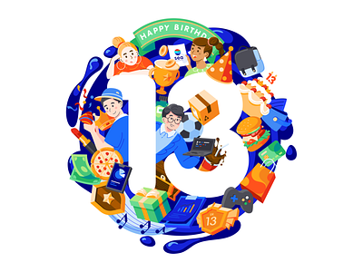 13th Anniversary Celebration 13 anniversary birthday celebration character cheerful e commerce food game illustration number party payment