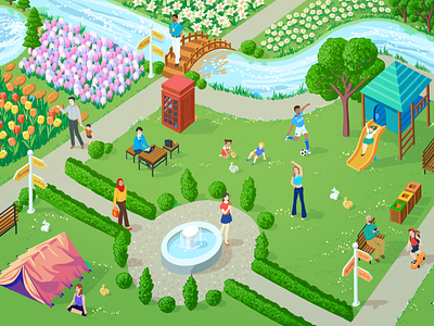 Isometric Park in Spring Time bridge character easter family flower garden green illustration isometric park river spring