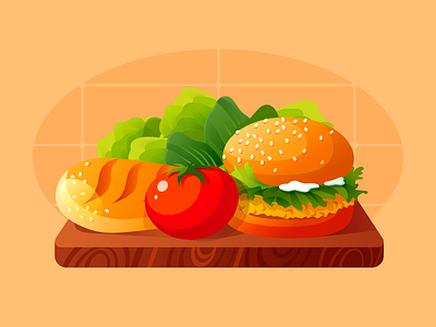 Food on the Cutting Board bread cutting board food hamburger icon illustration kitchen restaurant tomato vegetable