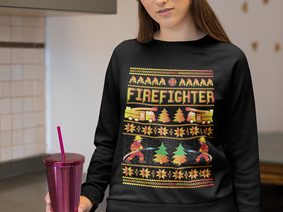 Ugly Christmas Sweatshirt For Firefighter