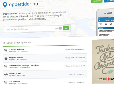 Öppettider.nu ad app blue green header hours icons information list map opening hours search