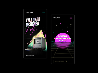 Valu rios personal website 80s 80s style black mobile ui oldschool retro design retrowave synthwave ui ui design webdesign website