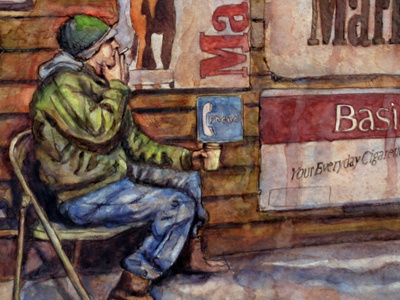 detail of "Cheap Smokes at the Res" illustration painting watercolor