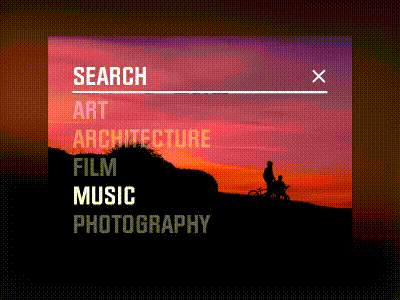 Search Category hover background close gif glow hover list music photography pink search sunset