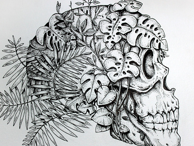 Skull Pro leafs pen pointillism skull