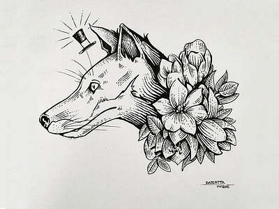 Mr. Fox artwork blackandwhite blackwork drawing flowers fox illustration in