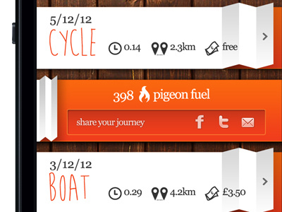 Idea for a commuting app - Shot 02 app boat commuter cost cycle distance flames fuel georgia icons iphone orange pigeon points social tourist wood