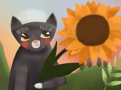 Cat with sunflower app book care cat character children drawing flower handdrawn illustration pastel sunflower