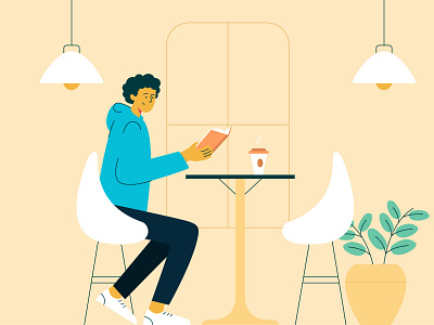Chilling at a cafe with a book — Illustration book boy branding cafe care character chilling coffee drawing illustration man read reading relax ui