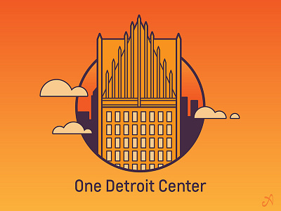 One Detroit Center building city cityscape clouds detroit emblem graphic design logo mark one detroit