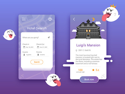 Luigi's Mansion Hotel Search boo ghost graphic design halloween hotel layout luigi mobile mockup search ui ux