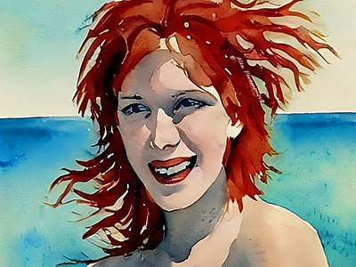 © 2022, Alex Paramonov, Valfreyja. watercolor, 12 x 8 inches beach girls painting redhair redhead sea valfreyja watercolor watercolour woman