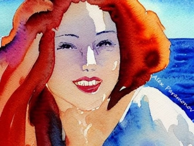 Daughter of Njord beach girl painting redhair redhead sea watercolor watercolour woman