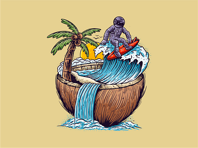Surfing Astronaut apparel astronaut beach coconut handdrawn illustration surfing t shirt vector