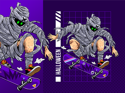 Mummy Skateboard character hand drawing illustration logo mascot mummy cartoon mummy mascot skate vector