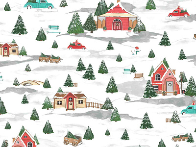 Snow town architectural design christmas handpainted homes illustration kids pattern snowfall surface pattern travel