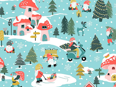 Gnomes city cars christmas gnomes illustration illustrative patterns mushrooms narrative pine trees surface pattern