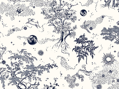 Starry Toile animals design detailed pattern illustration nature one color pattern sketched surface pattern toile de jouy trees