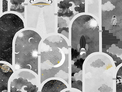 Space doors architectural design astronaut black and white illustration kids pattern spaceship sun and moon surface pattern