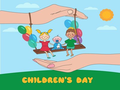 Happy children's day ai childrens day childrens swinging design graphic design hands of parents happy childrens illustration protecting kids sunny day vector world childrens day