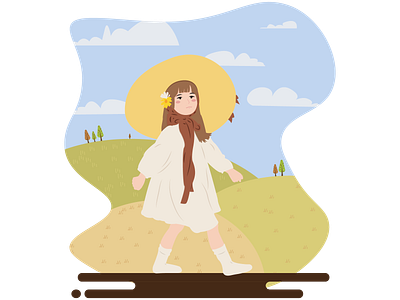 Girl in the hills adobeillustrator art cute design digital digital art field flat art girl graphic design hills illustration illustrator natural small girl stroll ui vector vector art walk