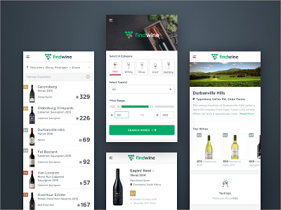 Findwine App app clean filters green icons mobile search ui web wine