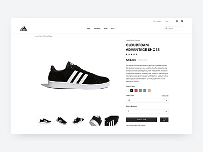Adidas Product Page adidas black brand buy cart challenge clean description e commerce ecommerce product page shop task ui ux white